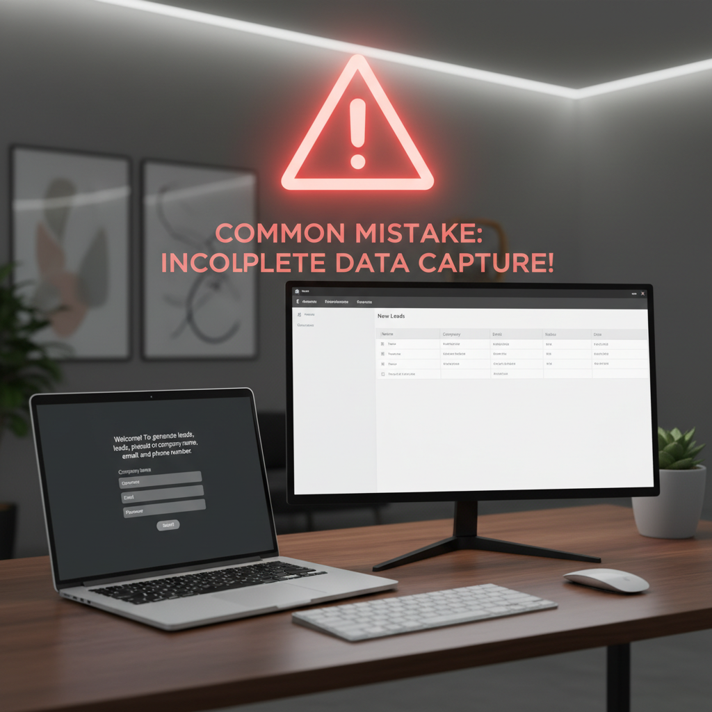 A photorealistic image of a sleek desk setup with a laptop showing a chatbot interface that prompts for user details, and a second monitor displaying an empty CRM leads panel; a red warning glyph hovers above the screens to indicate a common mistake that prevents lead generation. Cinematic lighting, professional studio quality, 8k.