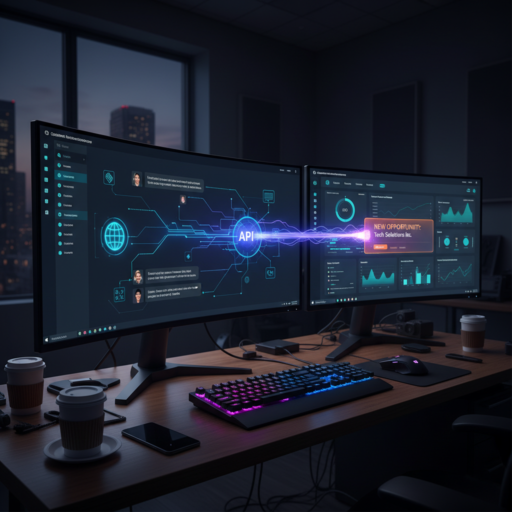 A photorealistic image of a developer workstation with two monitors: the left screen shows API call visuals from a chatbot, the right screen displays a CRM dashboard with a new opportunity card appearing, and a bright data stream travels from the chat UI through a network conduit into the CRM. Cinematic lighting, professional studio quality, 8k.