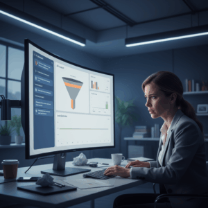 A photorealistic image of a modern office where a large monitor displays a chatbot interface and an analytics dashboard with a nearly empty sales funnel, a marketing manager in the foreground staring at the screen with a worried expression as the leads line remains flat and the room glows with a cool, muted blue light. Cinematic lighting, professional studio quality, 8k.