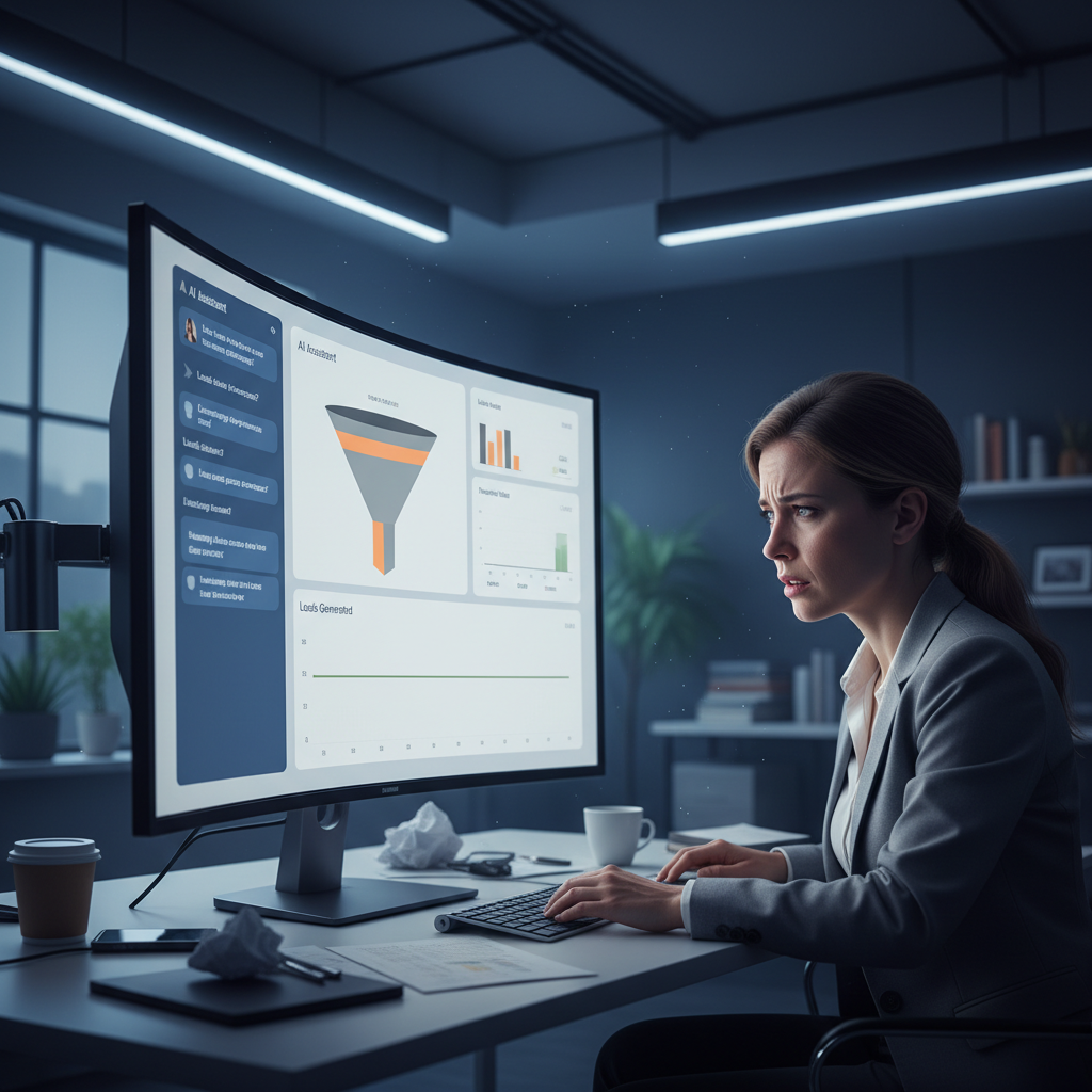 A photorealistic image of a modern office where a large monitor displays a chatbot interface and an analytics dashboard with a nearly empty sales funnel, a marketing manager in the foreground staring at the screen with a worried expression as the leads line remains flat and the room glows with a cool, muted blue light. Cinematic lighting, professional studio quality, 8k.