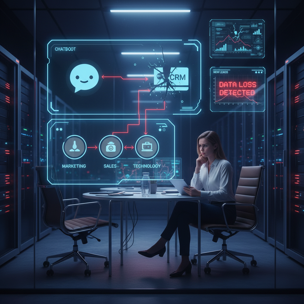 A photorealistic image of a high-tech workspace showing a chatbot integration dashboard with broken data flow to a CRM, icons representing marketing, sales, and technology disconnected, and a data analyst puzzled by missing leads in the analytics panel. Cinematic lighting, professional studio quality, 8k.