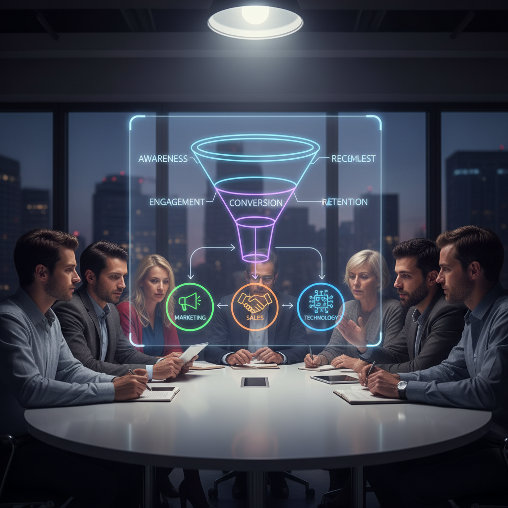 A photorealistic image of a diverse team around a conference table, focused on a large transparent display that shows a unified sales funnel and interconnected icons for marketing, sales, and technology, with arrows indicating alignment and collaboration. Cinematic lighting, professional studio quality, 8k.