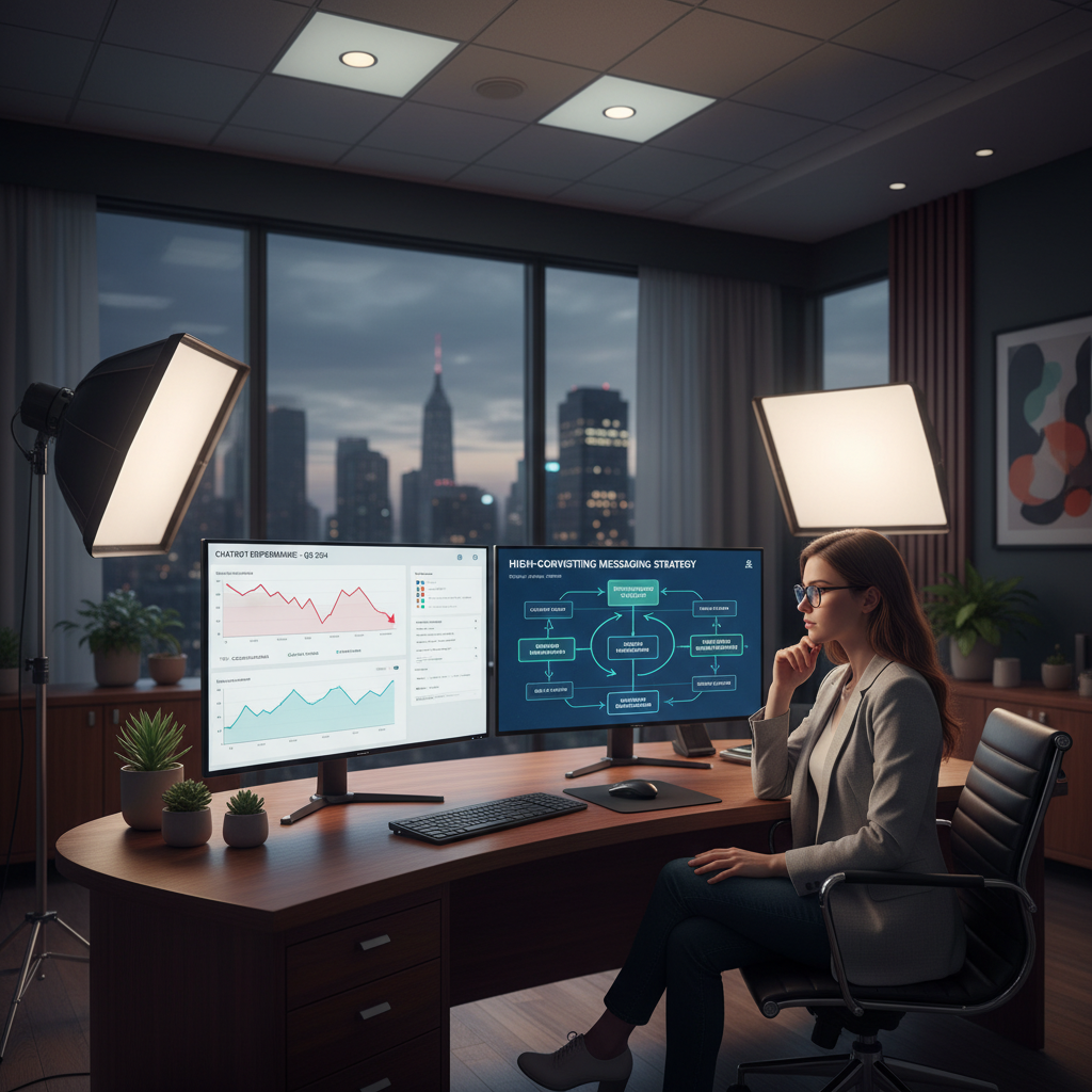 A photorealistic image of an ecommerce entrepreneur in a sleek office, seated at a desk with a dual-monitor setup; the left monitor shows a chatbot analytics dashboard with a sharp drop in qualified leads, the right monitor displays a clear, high-converting messaging strategy workflow. Cinematic lighting, professional studio quality, 8k.