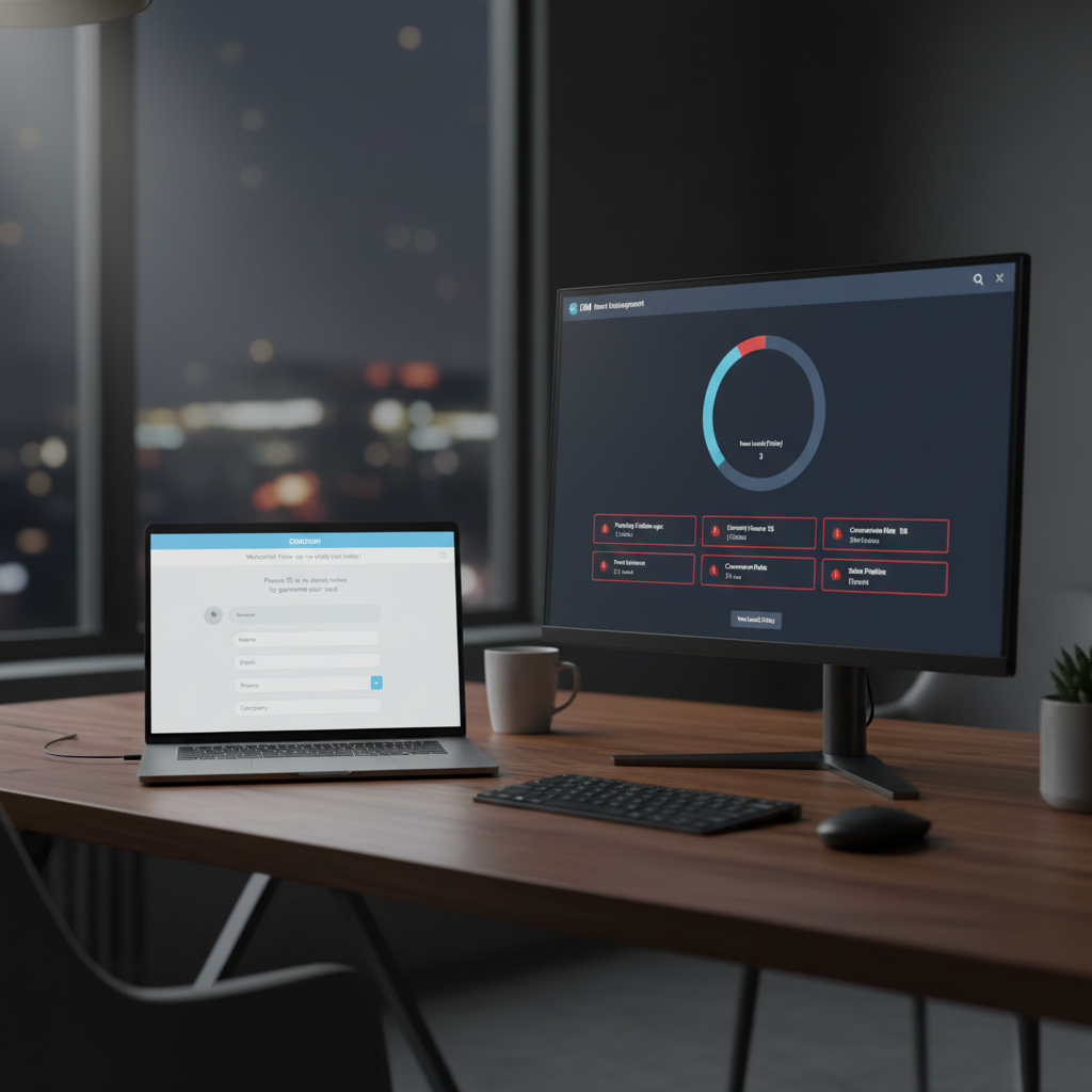 A photorealistic image of a laptop screen showing a chatbot interface with empty lead data fields and missing user details, while a second monitor on the desk displays a CRM dashboard with very few new leads and red indicators. Cinematic lighting, professional studio quality, 8k.