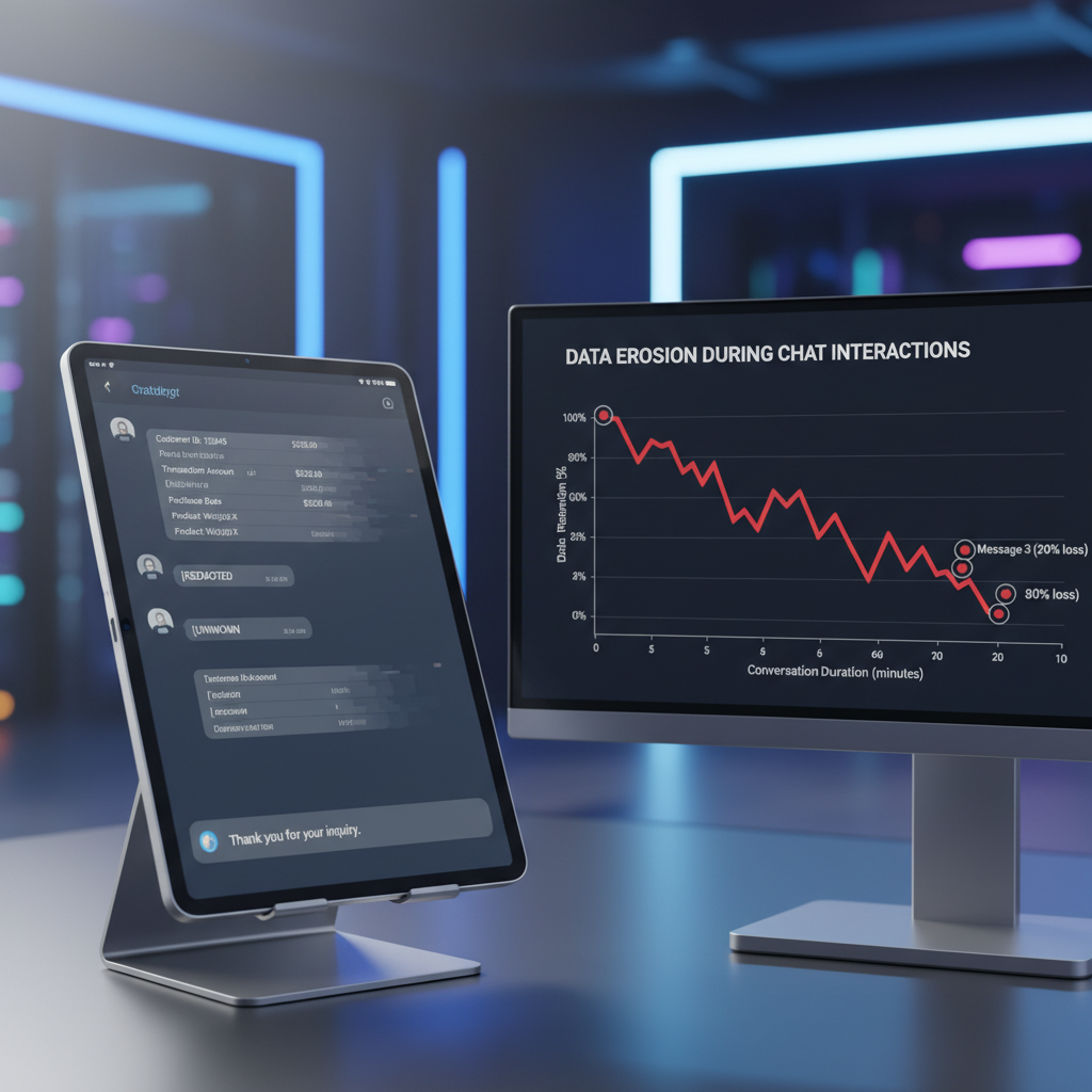 A photorealistic image of a tablet displaying a chatbot conversation where important data points progressively disappear as the chat advances, with a nearby monitor showing a timeline chart that highlights data loss during conversations. Cinematic lighting, professional studio quality, 8k.