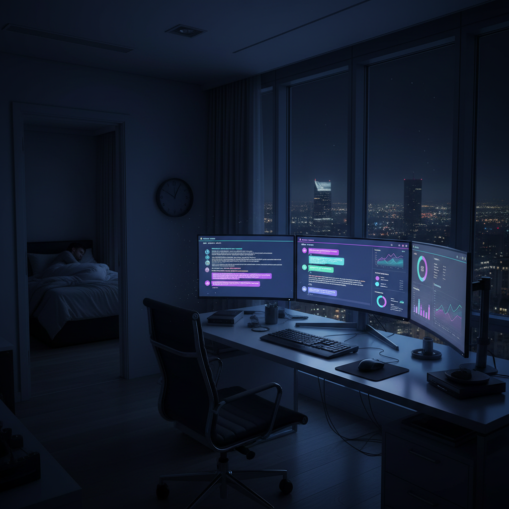 A photorealistic image of a chatbot interface lighting up multiple screens in a dim office, while a person sleeps in a dark bedroom nearby; the monitors display glowing chat bubbles and performance analytics, with a night cityscape visible through the window. Cinematic lighting, professional studio quality, 8k.