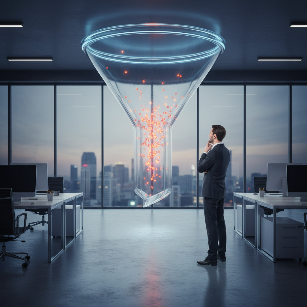 A photorealistic image of a modern office with a large glass funnel diagram on the wall, glowing leads represented by dots stuck in the middle stages of the funnel, a businessperson observing with a puzzled look. Cinematic lighting, professional studio quality, 8k.