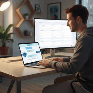 A photorealistic image of a person at a modern desk using a laptop, the laptop screen showing a friendly chatbot interface actively guiding a website visitor to become a lead within minutes, while a second monitor in the background displays a long, cluttered form with many fields. Cinematic lighting, professional studio quality, 8k.