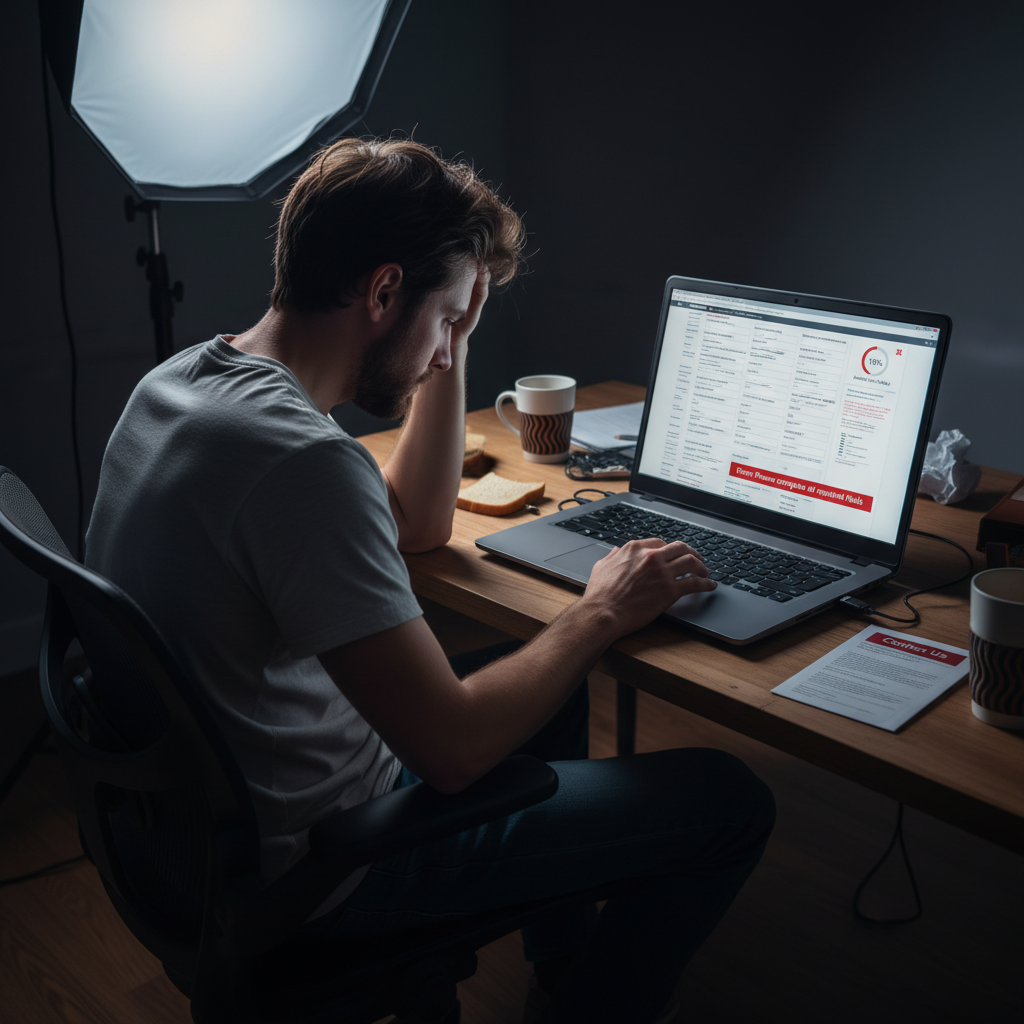 A photorealistic image of a website visitor sitting at a desk, frustrated as they view a laptop screen displaying a long, multi-field web form with a low completion progress indicator, illustrating friction, forms, and abandonment. Cinematic lighting, professional studio quality, 8k.