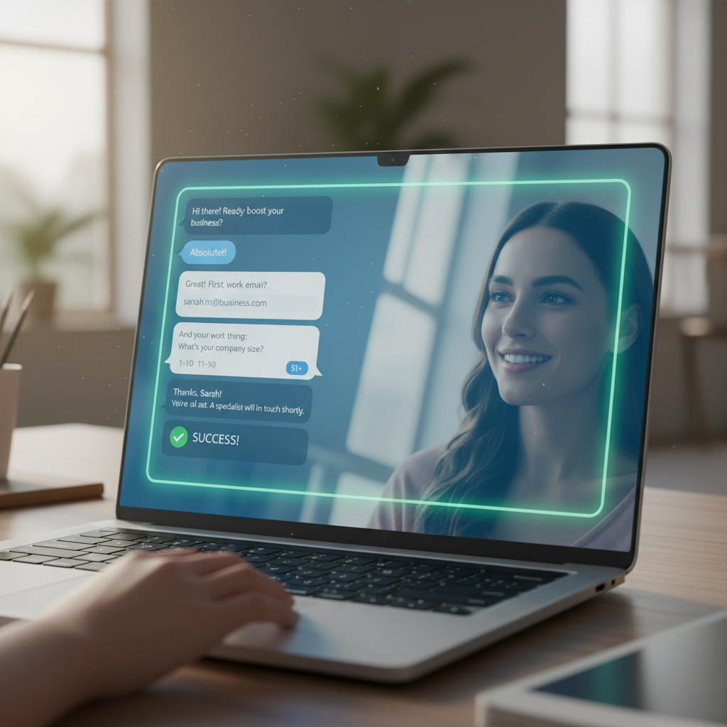 A photorealistic image of a laptop screen displaying a streamlined chatbot conversation that rapidly converts a visitor into a lead by collecting only essential details, with a satisfied user and a subtle success cue on the screen. Cinematic lighting, professional studio quality, 8k.