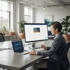 A photorealistic image of a modern marketing workspace with a desktop monitor displaying a website featuring a friendly, non-intrusive chatbot widget that subtly captures leads, a laptop beside it showing analytics, and a calm professional analyzing the data, all screens with no legible text. Cinematic lighting, professional studio quality, 8k.
