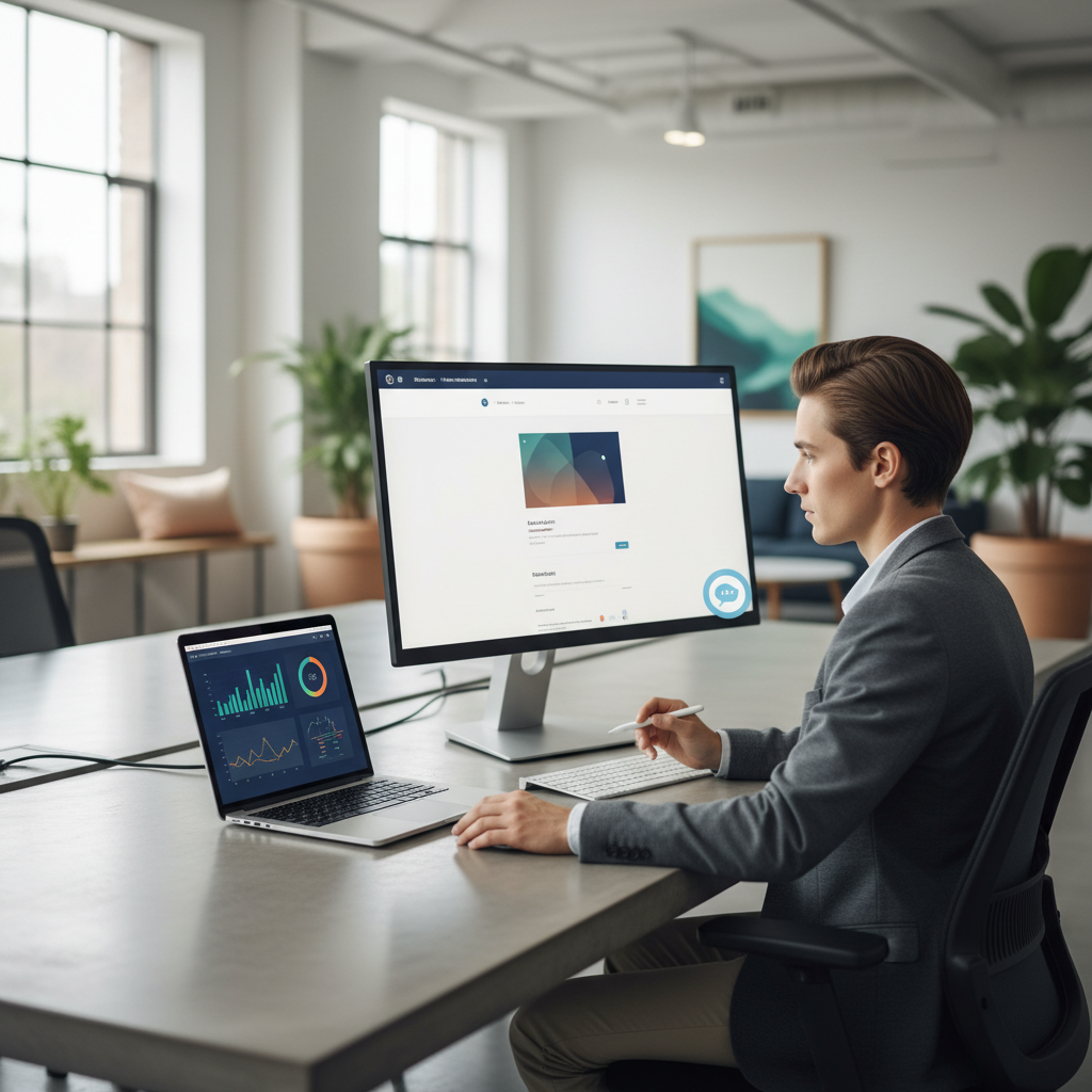 A photorealistic image of a modern marketing workspace with a desktop monitor displaying a website featuring a friendly, non-intrusive chatbot widget that subtly captures leads, a laptop beside it showing analytics, and a calm professional analyzing the data, all screens with no legible text. Cinematic lighting, professional studio quality, 8k.