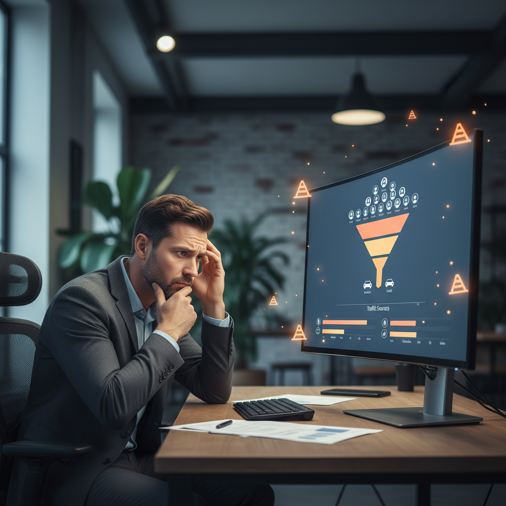 A photorealistic image of a contemporary desk with a large monitor showing an analytics dashboard where a funnel chart reveals a high volume of visitors but a low number of leads, with traffic icons and a marketer appearing puzzled as they review the data, no legible text on screens. Cinematic lighting, professional studio quality, 8k.