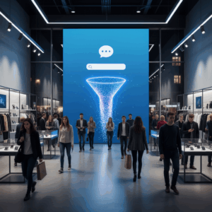 A photorealistic image of a busy modern retail showroom at night, a wall of digital screens displaying a silent chatbot interface with an empty speech-bubble icon; crowds of shoppers pass by while a bright, transparent funnel graphic visually represents lost leads draining into darkness. Cinematic lighting, professional studio quality, 8k.