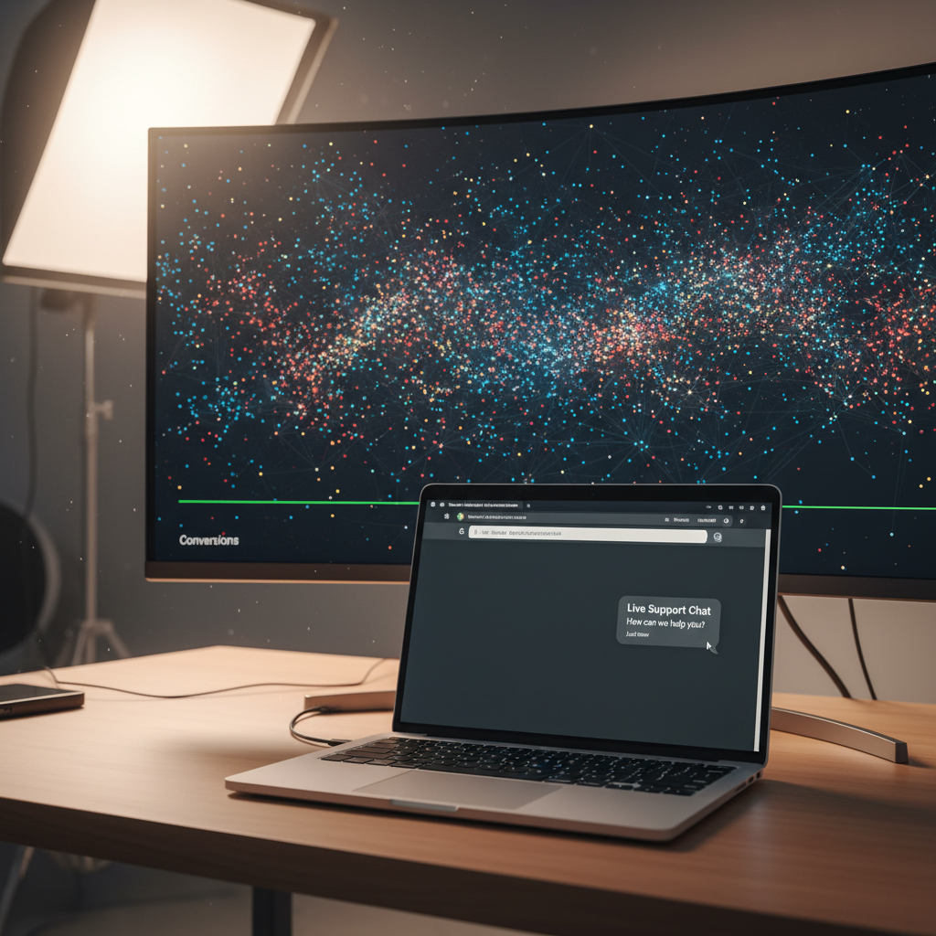 A photorealistic image of a laptop on a desk showing a website chat widget with no responses, while a large external monitor behind it displays a dense traffic visualization with many dots and a flat, empty conversion line, implying no leads captured. Cinematic lighting, professional studio quality, 8k.