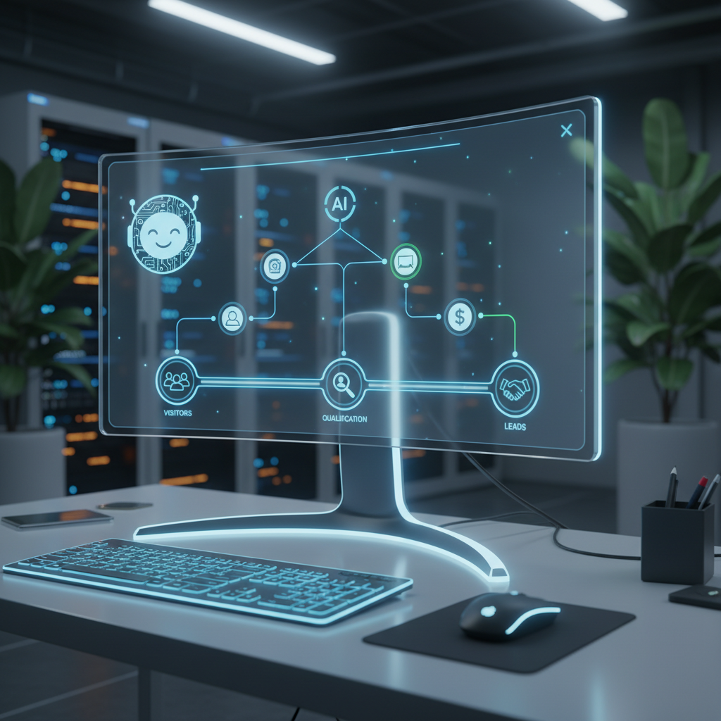 A photorealistic image of a modern chatbot configuration workspace: a high-tech monitor showing a clean, icon-based conversational flow diagram, a friendly bot avatar, and a connected pipeline illustrating a clear path from visitors to leads. Cinematic lighting, professional studio quality, 8k.