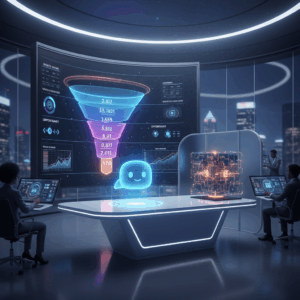 A photorealistic image of a futuristic marketing operations center. A large wall monitor displays a multi-stage funnel visualization representing website visitors turning into qualified leads; a glowing holographic chatbot avatar hovers above a sleek desk, and a translucent, hidden algorithm module subtly powers the workflow. Cinematic lighting, professional studio quality, 8k.