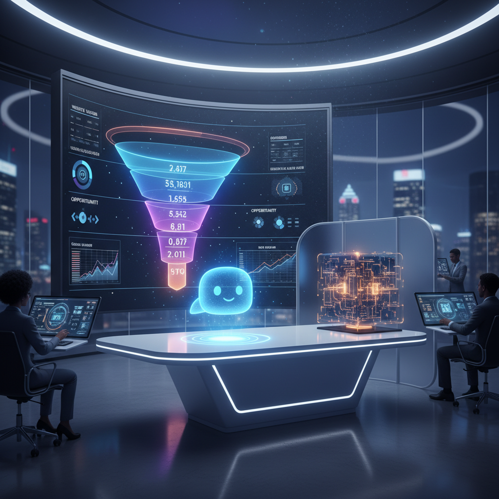 A photorealistic image of a futuristic marketing operations center. A large wall monitor displays a multi-stage funnel visualization representing website visitors turning into qualified leads; a glowing holographic chatbot avatar hovers above a sleek desk, and a translucent, hidden algorithm module subtly powers the workflow. Cinematic lighting, professional studio quality, 8k.