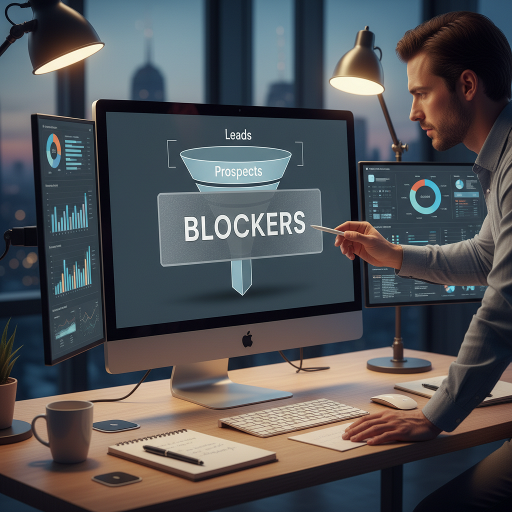 A photorealistic image of a modern office desk with a primary monitor showing a funnel diagram; a solid barrier panel sits between the top and middle stages, symbolizing blockers, while a data analyst studies the barrier with a stylus; additional screens show supporting charts and dashboards. Cinematic lighting, professional studio quality, 8k.