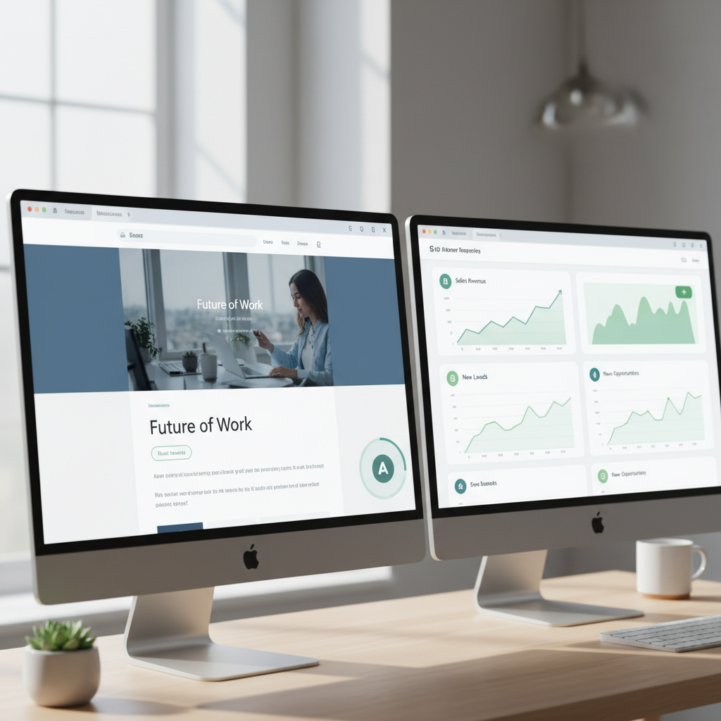 A photorealistic image of a website on a desktop monitor with an unobtrusive chatbot widget in the lower corner; the chat interface is compact with a soft avatar and gentle animation, as a separate monitor displays a clean CRM dashboard with rising graphs and new lead indicators, all in a calm, non-intrusive aesthetic. Cinematic lighting, professional studio quality, 8k.