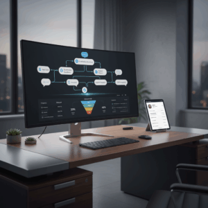 A photorealistic image of a sleek office desk with a large monitor illustrating an automated chatbot flow: connected chat bubble icons and arrows guide leads through a sequence into a CRM-style dashboard with a prominent conversion funnel and a nearby tablet showing a lead card. Cinematic lighting, professional studio quality, 8k.