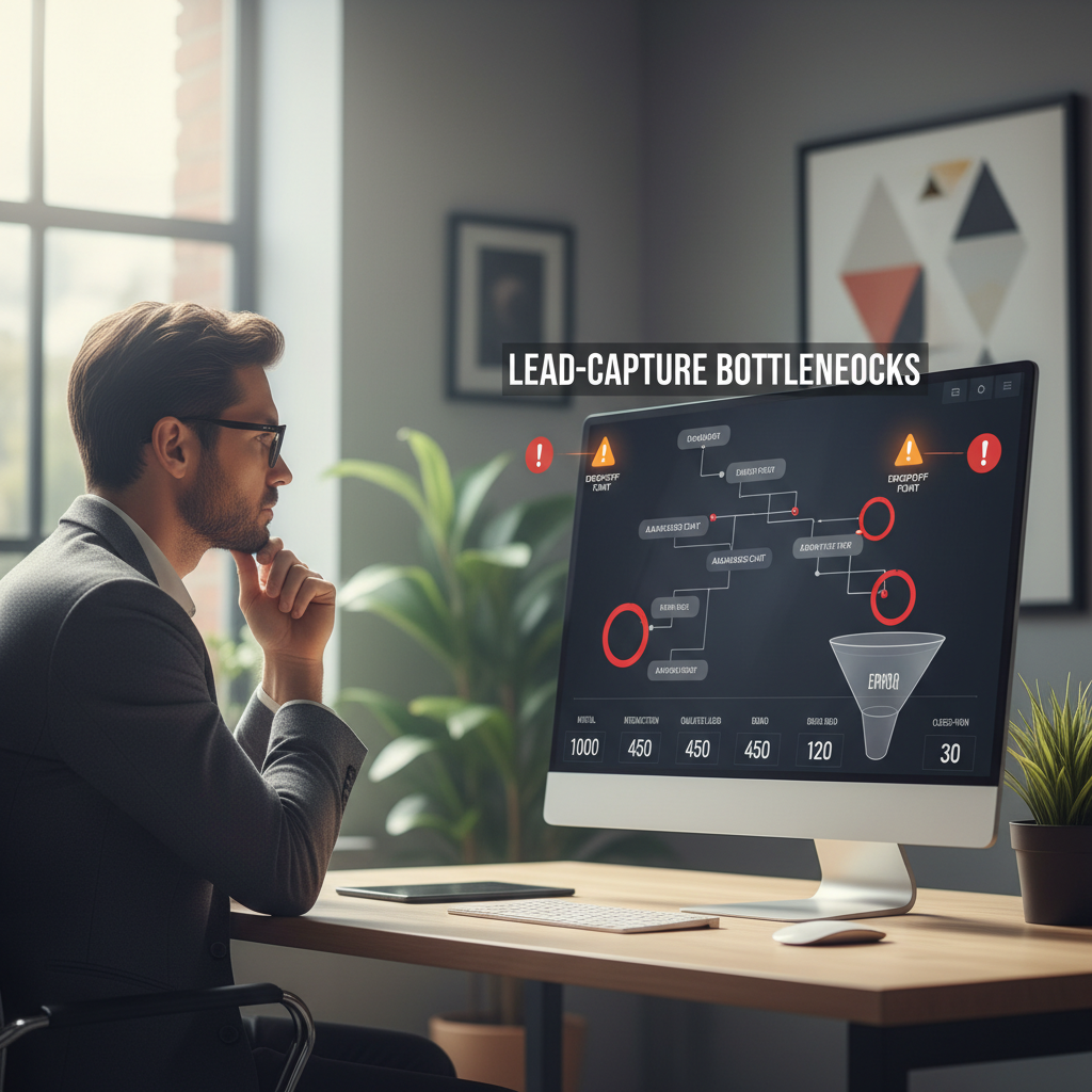 A photorealistic image of a modern workspace with a computer monitor showing a chatbot lead-capture flow, highlighting bottlenecks: branches that terminate, red warning indicators, and a funnel displaying dropping numbers; a business professional seated at the desk analyzing the data. Cinematic lighting, professional studio quality, 8k.