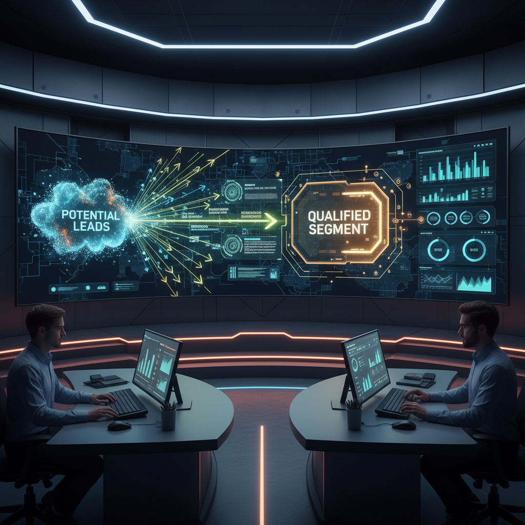 A photorealistic image of a marketing control room with two large screens: one depicts an automated lead flow bridging interest toward qualification, shown as glowing arrows from a cluster of potential leads to a secured qualified segment with digital indicators. Cinematic lighting, professional studio quality, 8k.