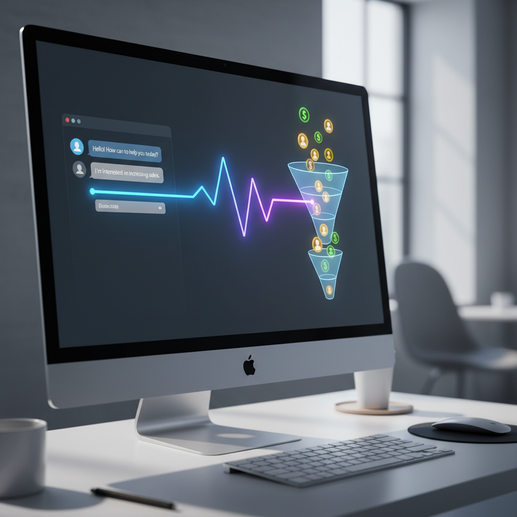 A photorealistic image of a desktop computer screen displaying a modern chatbot chat interface; a faint shimmering energy line extends from the chatbot to a vertical sales funnel on the right, turning conversations into glowing lead icons. Cinematic lighting, professional studio quality, 8k.