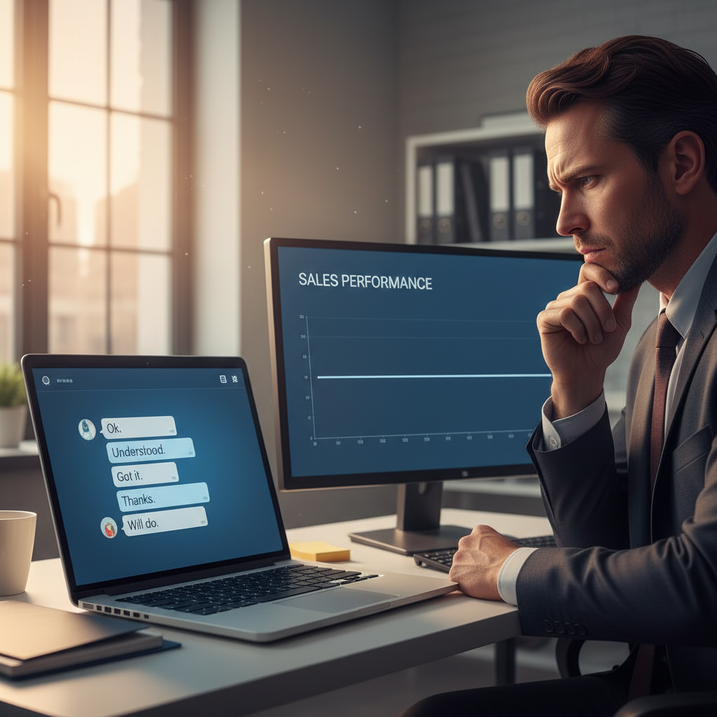 A photorealistic image of a laptop screen showing a chat interface with short, generic responses; a worried businessperson sits nearby at a desk, while a monitor in the background displays a flat sales chart. Cinematic lighting, professional studio quality, 8k.