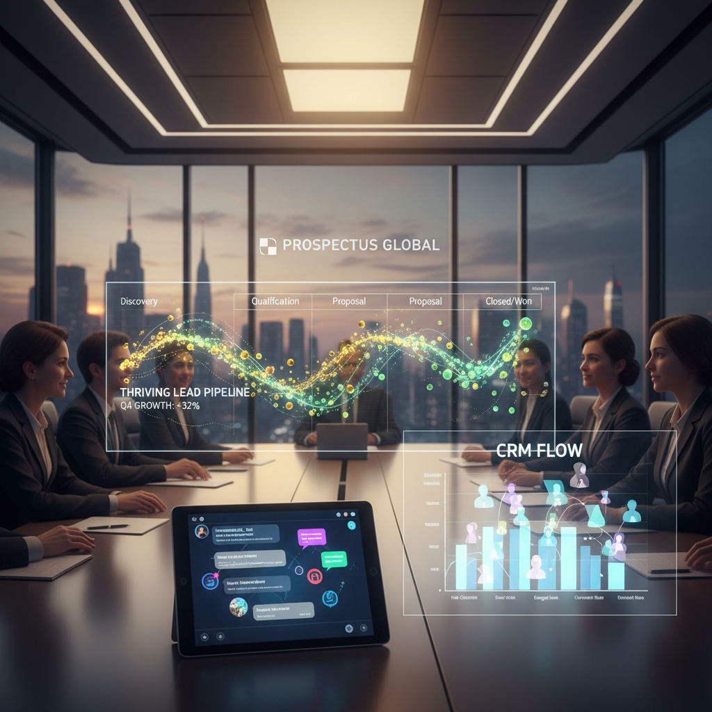 A photorealistic image of a conference room with a large dashboard showing a thriving lead pipeline; a tablet on the table displays an engaging chat interface, and glowing avatars flow into a CRM-style chart. Cinematic lighting, professional studio quality, 8k.