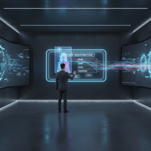 A photorealistic image of a sleek, high-tech studio where a person interacts with a holographic AI assistant; the hologram shows a question icon feeding into a glowing digital registration panel on a wall screen, with luminous data streams flowing from the chat area to the signup area. Cinematic lighting, professional studio quality, 8k.