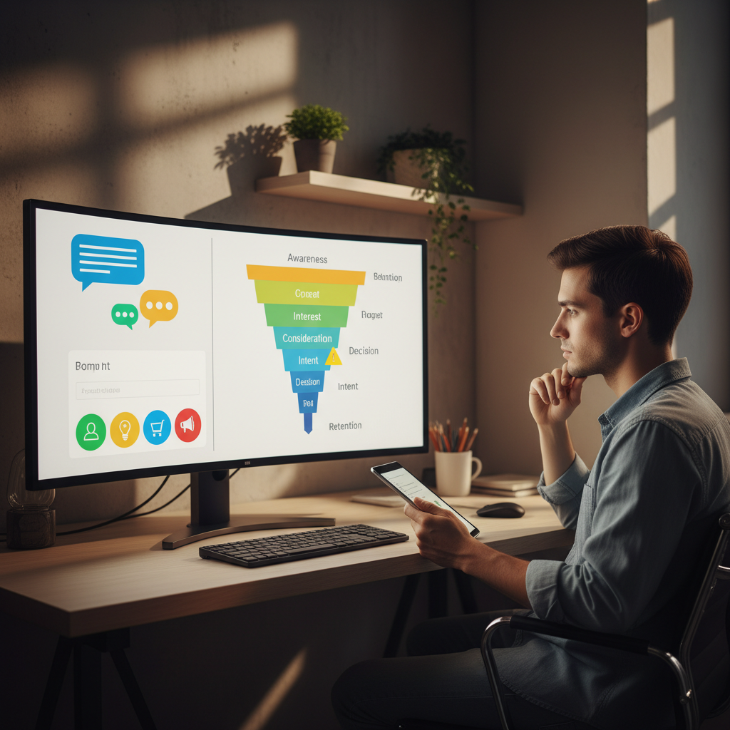A photorealistic image of a modern office setup with a large monitor displaying a split screen: on the left a chatbot interface with colorful icons representing user questions, on the right a marketing funnel graphic with narrowing stages and a subtle alert symbol at a bottleneck, while a marketer studies with a tablet. Cinematic lighting, professional studio quality, 8k.