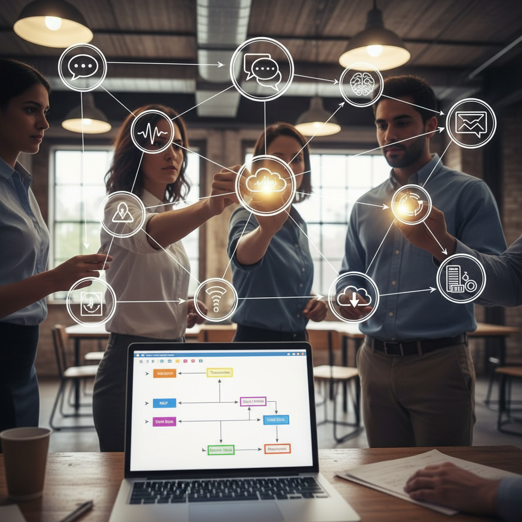 A photorealistic image of a collaborative workshop where a whiteboard is filled with interconnected icons for conversation, NLP analysis, and data capture; team members place nodes to form a coherent, efficient conversational flow, with a laptop showing a simplified data pipeline in the foreground. Cinematic lighting, professional studio quality, 8k.