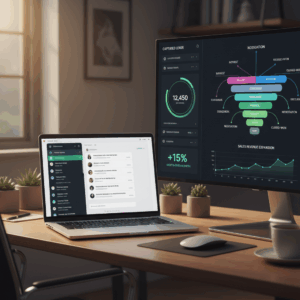 A photorealistic image of a modern desk with a laptop displaying a chatbot interface learning from real customer questions in real time, connected to a large monitor showing a dynamic analytics dashboard of captured leads and expanding sales funnel. Cinematic lighting, professional studio quality, 8k.