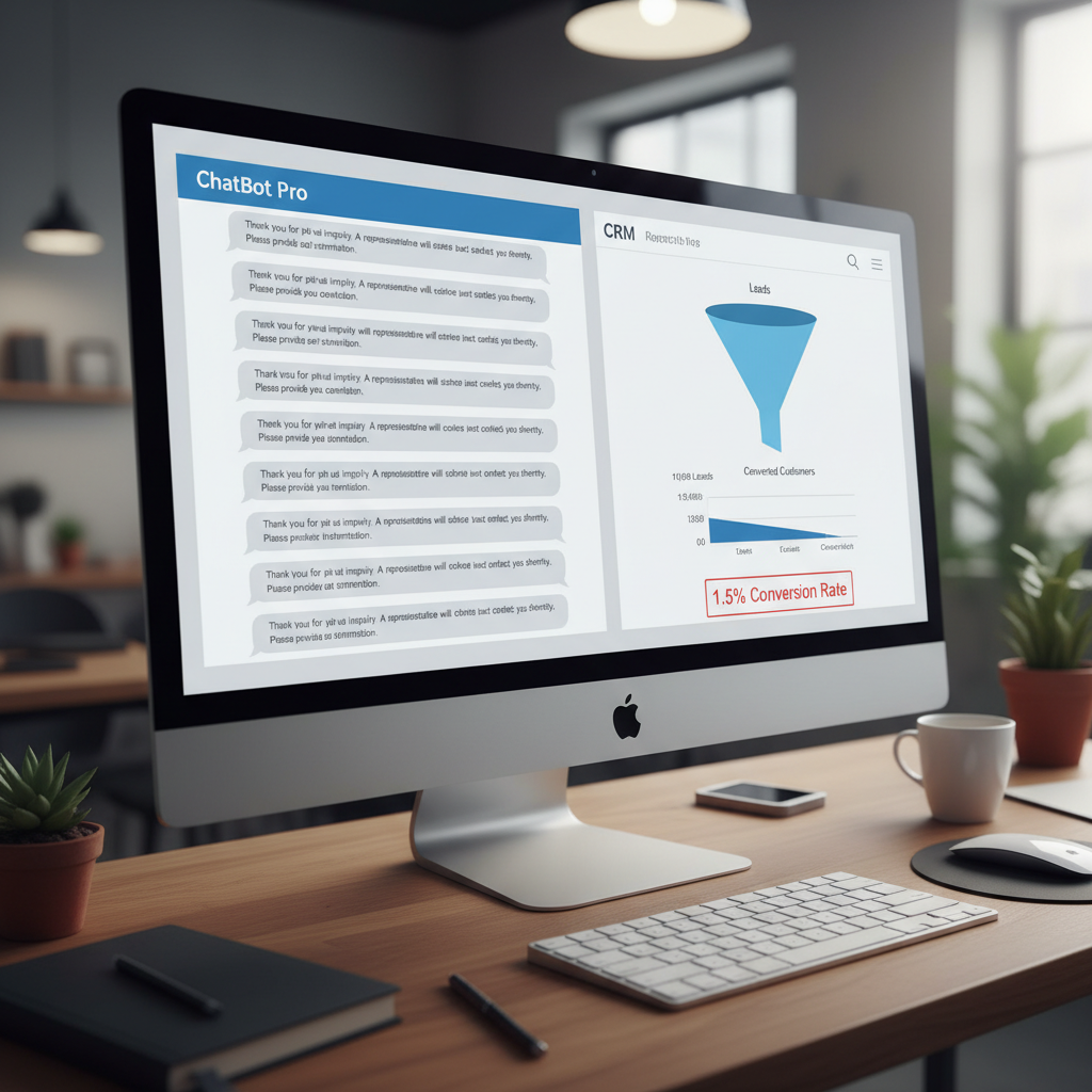 A photorealistic image of a computer screen displaying a chatbot window with uniform, unoptimized responses beside a CRM dashboard featuring a wide top funnel and a narrow bottom funnel, illustrating poor lead conversion. Cinematic lighting, professional studio quality, 8k.