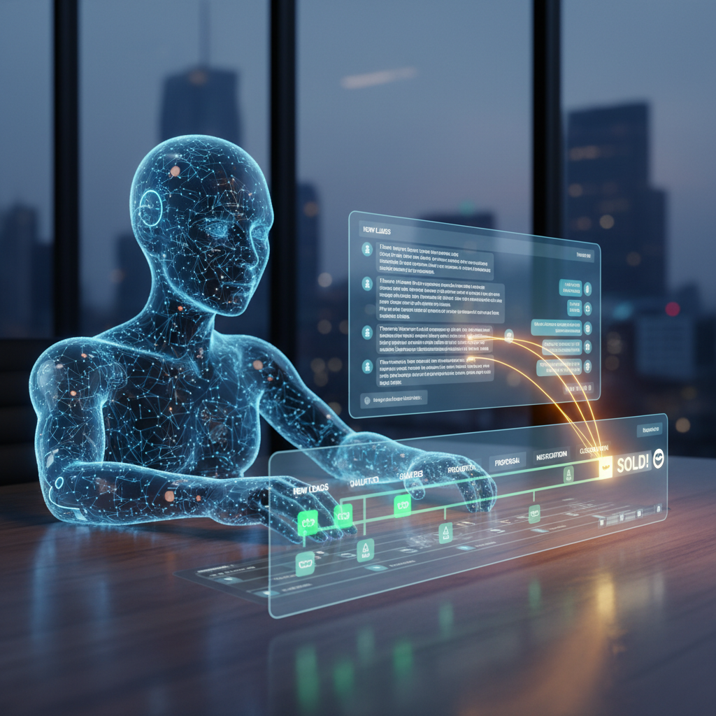 A photorealistic image of a learning chatbot on a desk analyzing live conversations, with a connected CRM dashboard where new leads flow into a sales pipeline and glowing lines indicate successful handoffs from chat to sale. Cinematic lighting, professional studio quality, 8k.