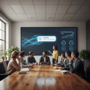 A photorealistic image of a modern conference room with a large wall screen displaying a sleek AI chatbot interface and a companion dashboard with an upward-trending conversion graph, while a diverse team observes in a calm, collaborative setting. Cinematic lighting, professional studio quality, 8k.