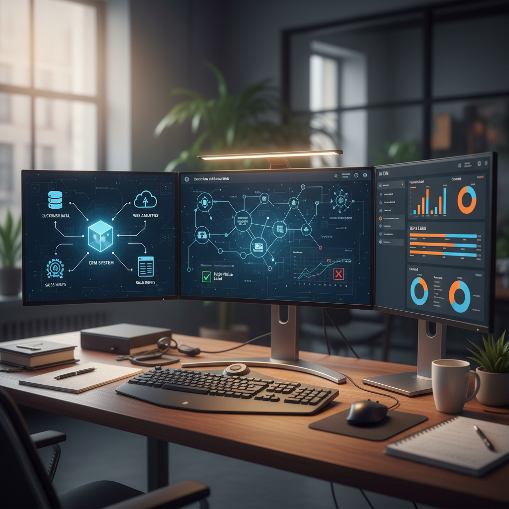 A photorealistic image of a data science desk with multiple monitors illustrating a machine learning model evaluating leads, a CRM dashboard highlighting prioritized leads, and data flow icons connecting data sources to the CRM. Cinematic lighting, professional studio quality, 8k.
