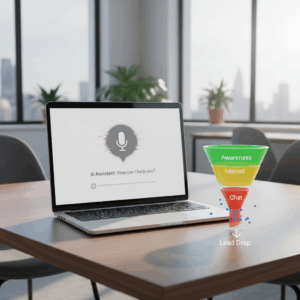 A photorealistic image of a voice chatbot interface on a laptop in a modern office, with a large three-dimensional sales funnel visualization beside the screen showing a drop in leads at the chat stage, and a subtle red glitch around the chatbot icon indicating a hidden error. Cinematic lighting, professional studio quality, 8k.