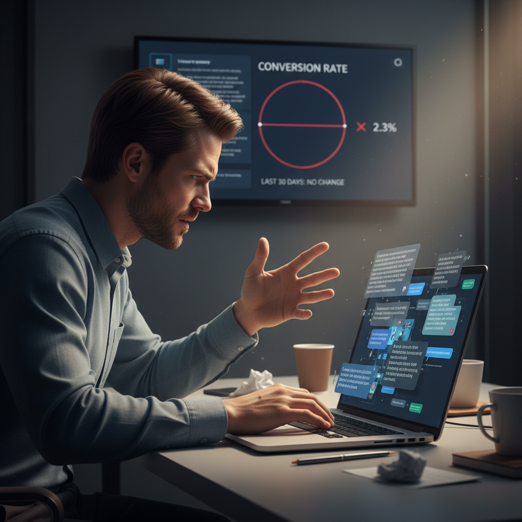 A photorealistic image of a frustrated person at a desk interacting with a voice chatbot on a laptop; the laptop screen shows a disjointed, overly verbose response flow, and a wall-mounted analytics dashboard in the background displays a stagnant conversion metric. Cinematic lighting, professional studio quality, 8k.