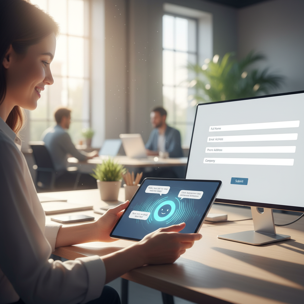 A photorealistic image of a customer using a tablet to chat with a voice assistant in a bright office; the conversation looks natural with smooth waveform icons around the bot, but a second screen shows a blank lead capture form with empty fields, illustrating the natural dialogue bypassing the capture step. Cinematic lighting, professional studio quality, 8k.