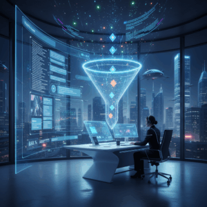 A photorealistic image of a futuristic customer service center where an AI chat interface is displayed on a wall-sized monitor, conversations feed into a glowing sales funnel visualization above the desk, with floating lead icons and data points representing new prospects. Cinematic lighting, professional studio quality, 8k.