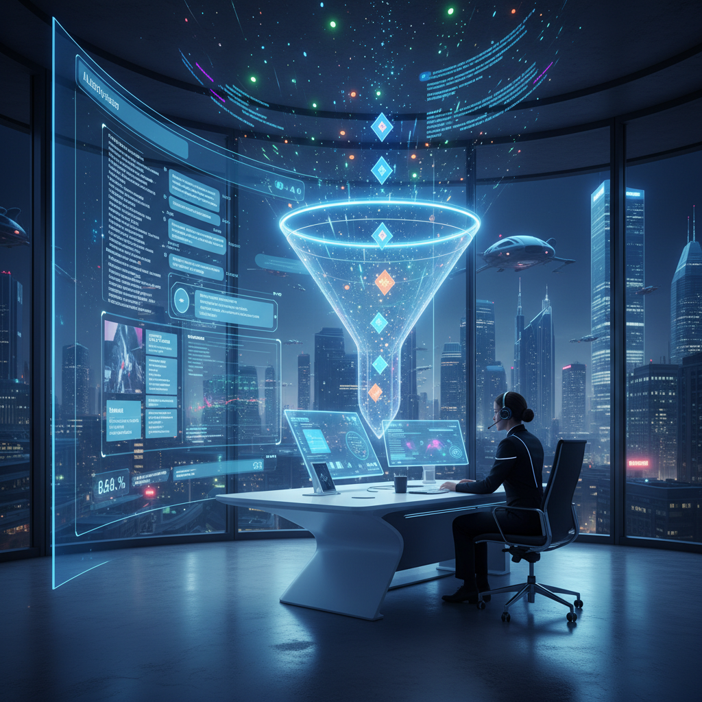 A photorealistic image of a futuristic customer service center where an AI chat interface is displayed on a wall-sized monitor, conversations feed into a glowing sales funnel visualization above the desk, with floating lead icons and data points representing new prospects. Cinematic lighting, professional studio quality, 8k.