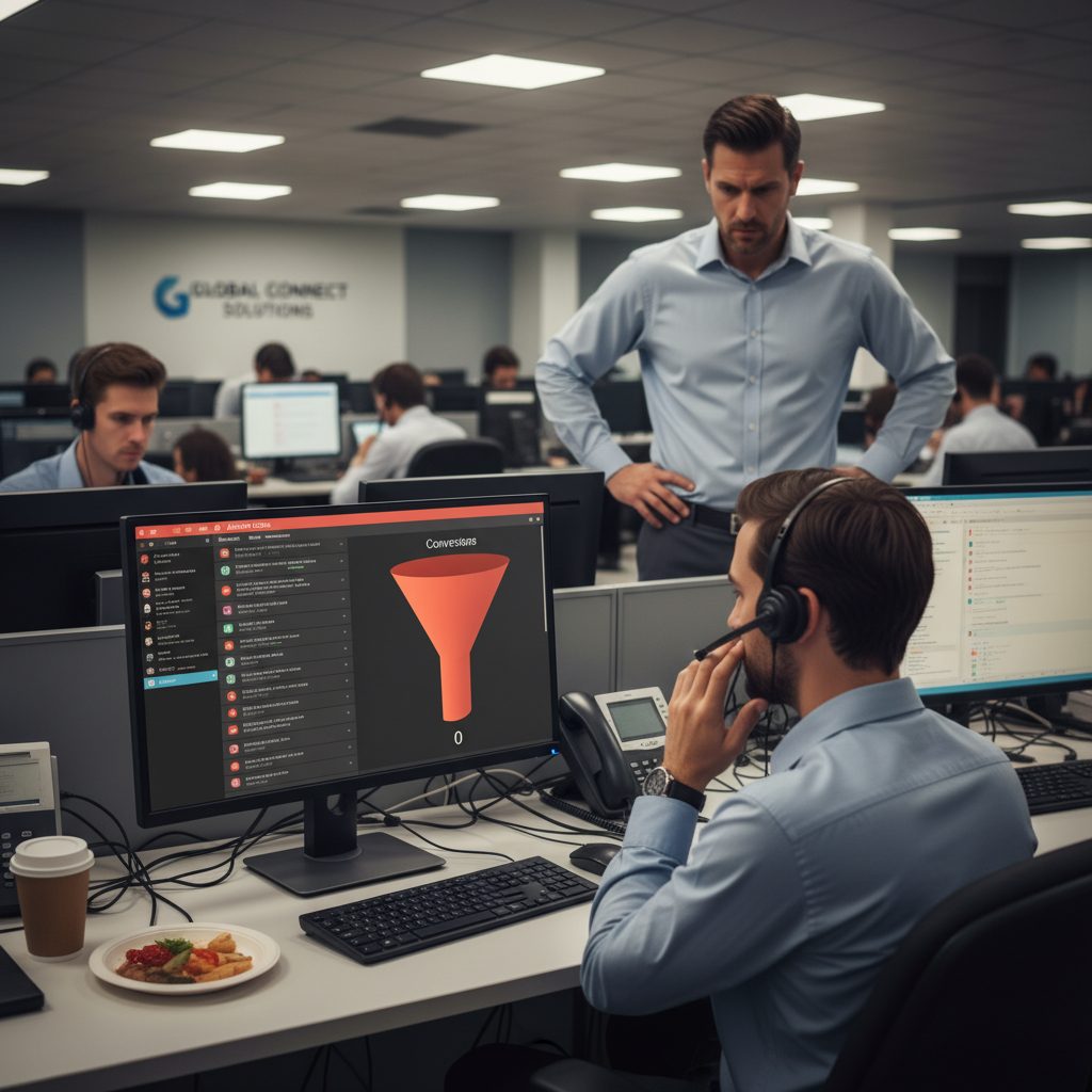A photorealistic image of a busy call center desk with a computer screen showing a dashboard of multiple chats and a narrow funnel indicating few or no conversions, a supervisor stands nearby observing the stagnant metrics. Cinematic lighting, professional studio quality, 8k.
