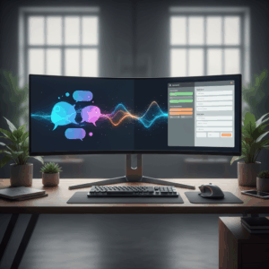 A photorealistic image of a modern desk setup with a large curved monitor displaying a split-screen: left side a chatbot interface with abstract speech bubbles, right side a CRM lead card, connected by a glowing data stream, all without visible text, cinematic lighting, professional studio quality, 8k.