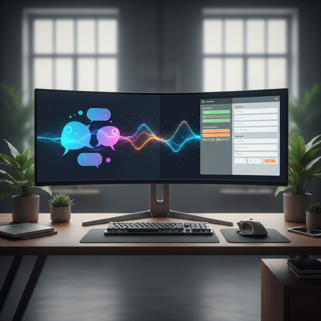 A photorealistic image of a modern desk setup with a large curved monitor displaying a split-screen: left side a chatbot interface with abstract speech bubbles, right side a CRM lead card, connected by a glowing data stream, all without visible text, cinematic lighting, professional studio quality, 8k.