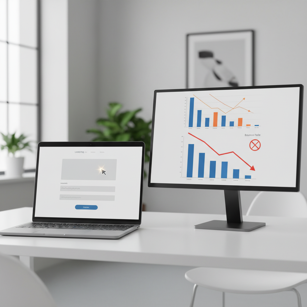 A photorealistic image of a laptop and secondary monitor on a clean desk showing a landing page with an empty form and a cursor over the first field, while the second screen displays analytics with a high bounce rate graph, all without visible text, cinematic lighting, professional studio quality, 8k.