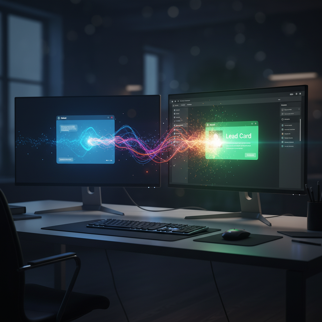 A photorealistic image of a desktop with a live chatbot window on the left and a CRM dashboard on the right, a continuous glow or data flow moving from the chat to the lead card representing an instant transformation, all without visible text, cinematic lighting, professional studio quality, 8k.