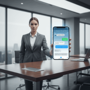 A photorealistic image of a business professional standing at a sleek desk, looking at a large smartphone displaying a WhatsApp-style chat interface where a proactive chatbot swiftly turns quick inquiries into loyal customers. Cinematic lighting, professional studio quality, 8k.