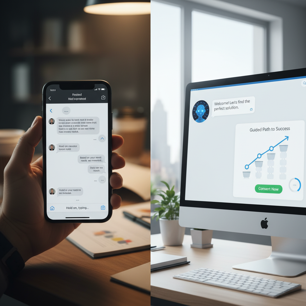 A photorealistic image of a split-screen workspace: left side shows a smartphone with a messaging-app chat interface featuring slow responses, right side shows a polished AI-powered chat interface guiding users toward a conversion funnel with an upward-trending visualization. Cinematic lighting, professional studio quality, 8k.